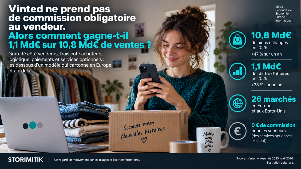 Vendeuse préparant un colis de seconde main avec les principaux chiffres économiques de Vinted en 2025.