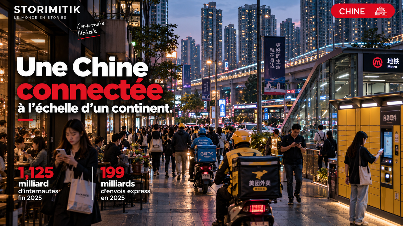 Illustration STORIMITIK d’un quartier urbain chinois dense avec usagers de smartphones, livreurs et casiers automatiques, accompagnée des chiffres 1,125 milliard d’internautes et 199 milliards d’envois express.