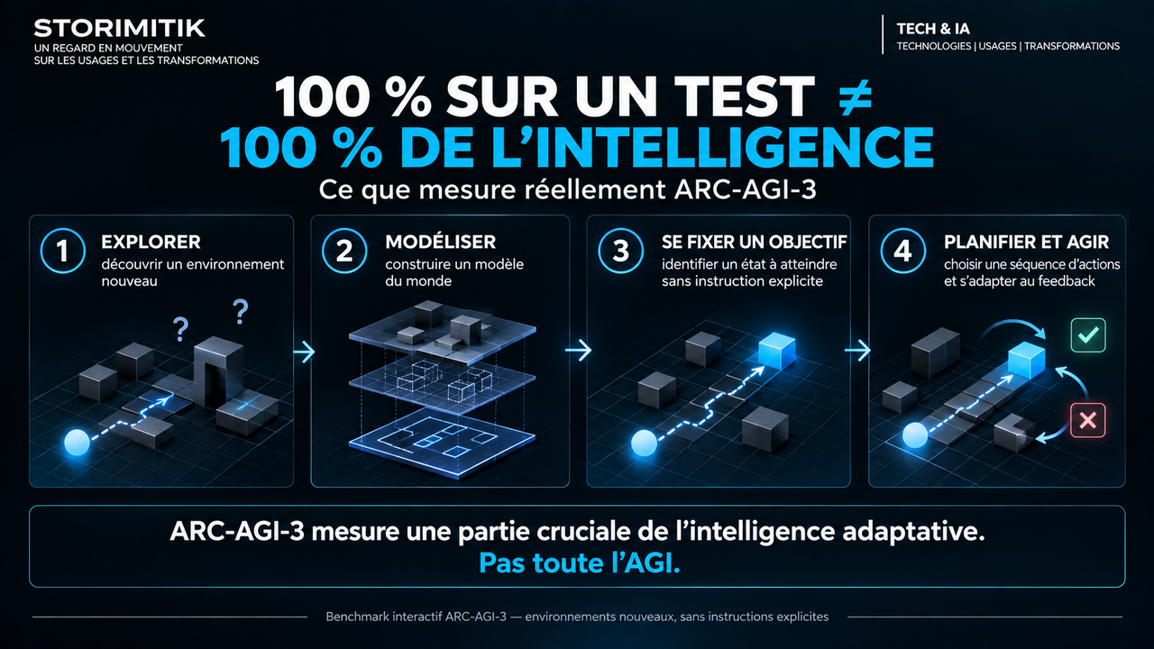 Infographie STORIMITIK présentant quatre dimensions évaluées par ARC-AGI-3 : exploration, modélisation, définition d’objectif et planification-action.