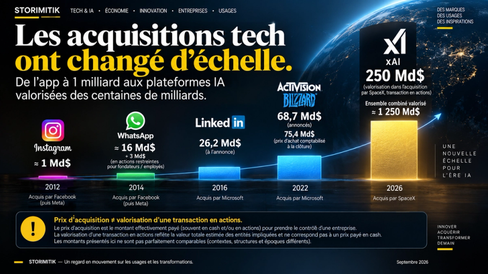Infographie STORIMITIK montrant plusieurs grandes acquisitions technologiques de 2012 à 2026, d’Instagram à xAI.