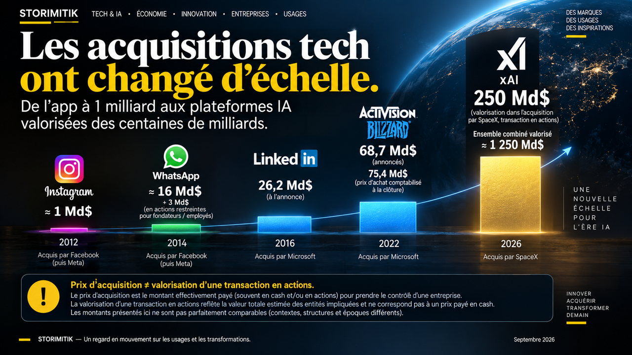 Infographie STORIMITIK montrant plusieurs grandes acquisitions technologiques de 2012 à 2026, d’Instagram à xAI.