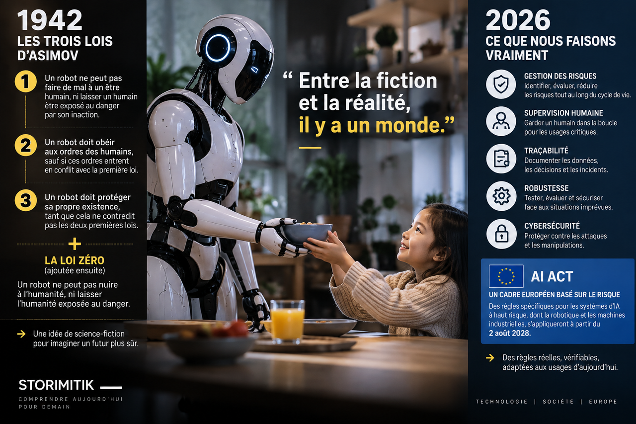 Infographie STORIMITIK comparant les trois lois d’Asimov et la loi zéro aux garde-fous réels utilisés pour sécuriser les systèmes d’IA et les robots.