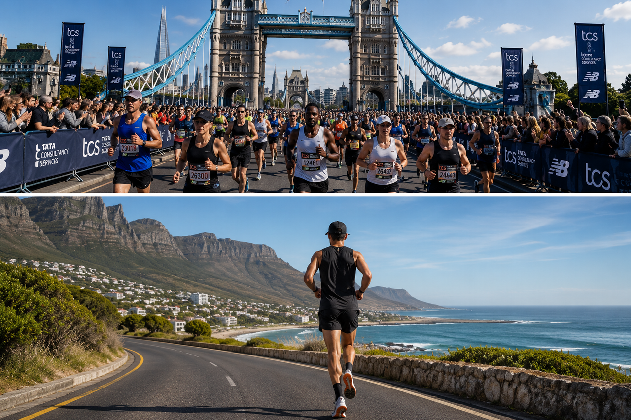 PHOTO D’ILLUSTRATION — image générée par IA : coureurs au marathon de Londres et runner sur la route côtière de Cape Town.