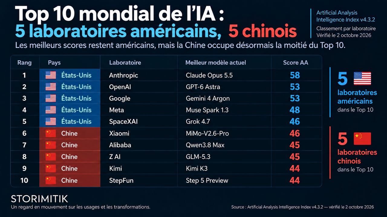 Tableau STORIMITIK du Top 10 par laboratoire selon Artificial Analysis au 2 octobre 2026, avec cinq laboratoires américains et cinq chinois, leurs meilleurs modèles et leurs scores.