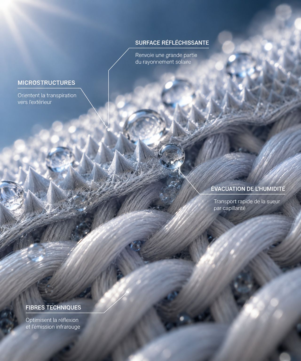 Macro illustrée de fibres techniques, microstructures et gouttelettes d’humidité dans un textile thermorégulant.