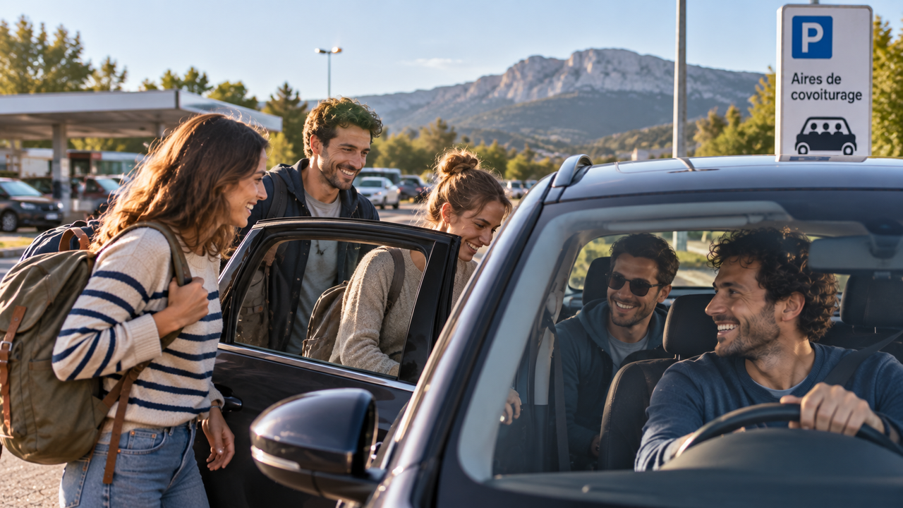 Illustration éditoriale réaliste de plusieurs personnes se retrouvant sur une aire de covoiturage avant de partager une voiture.