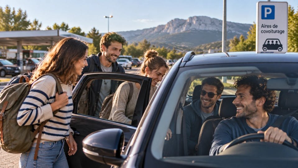 Illustration éditoriale réaliste de plusieurs personnes se retrouvant sur une aire de covoiturage avant de partager une voiture.
