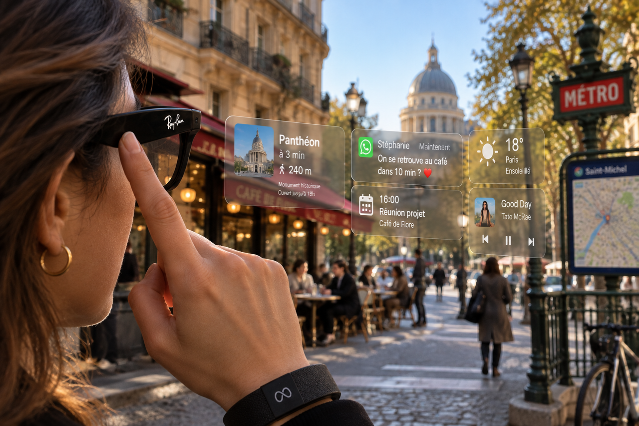 Illustration éditoriale en point de vue utilisateur montrant des informations de navigation, messages, météo, musique et agenda devant une rue parisienne.