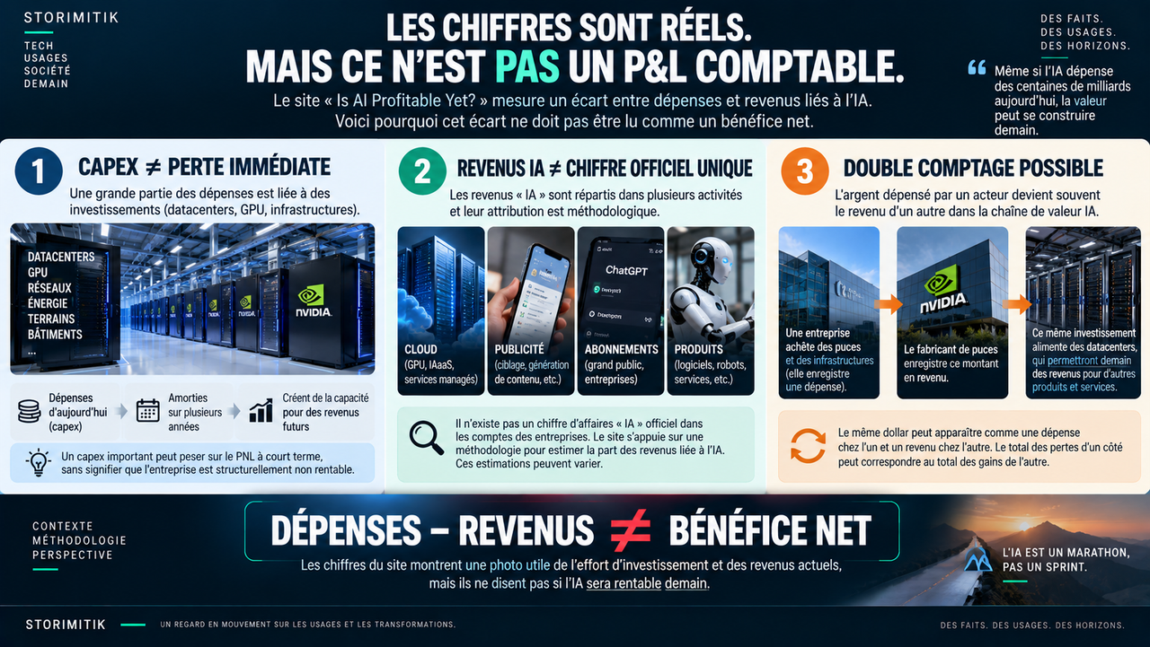 Illustration éditoriale expliquant pourquoi le solde dépenses moins revenus du site Is AI Profitable Yet? ne doit pas être lu comme un bénéfice net comptable.