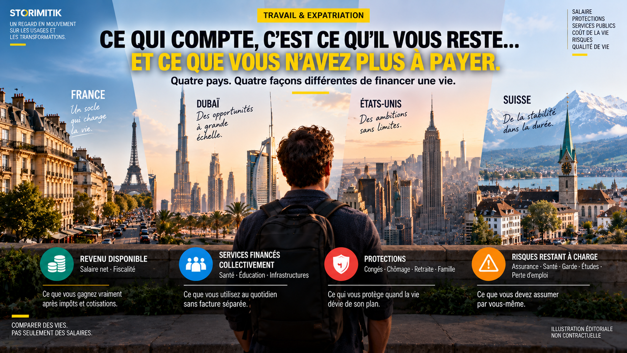 Illustration éditoriale STORIMITIK comparant France, Dubaï, États-Unis et Suisse à travers revenu disponible, services, protections et risques restant à charge.