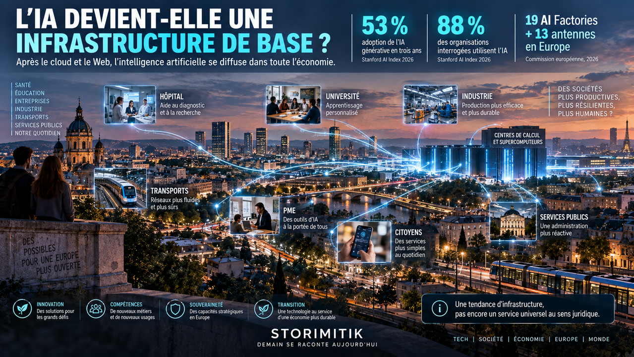 Infographie conceptuelle montrant l’intelligence artificielle comme une infrastructure transversale reliant calcul, entreprises, santé, éducation, industrie, mobilité et services publics.