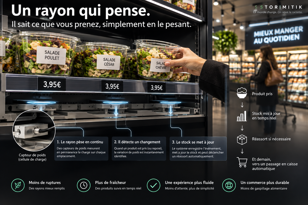 Infographie expliquant le fonctionnement d’un rayon intelligent équipé de capteurs de poids.