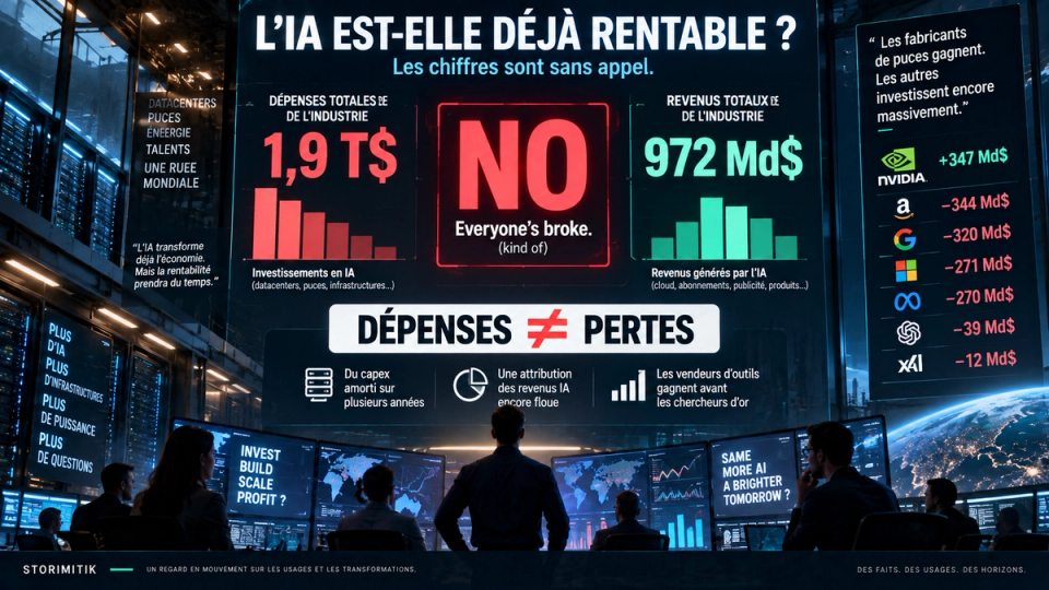 Illustration éditoriale sur la rentabilité de l’intelligence artificielle montrant 1 900 milliards de dollars de dépenses estimées, 972 milliards de revenus et l’écart méthodologique entre dépenses et pertes.