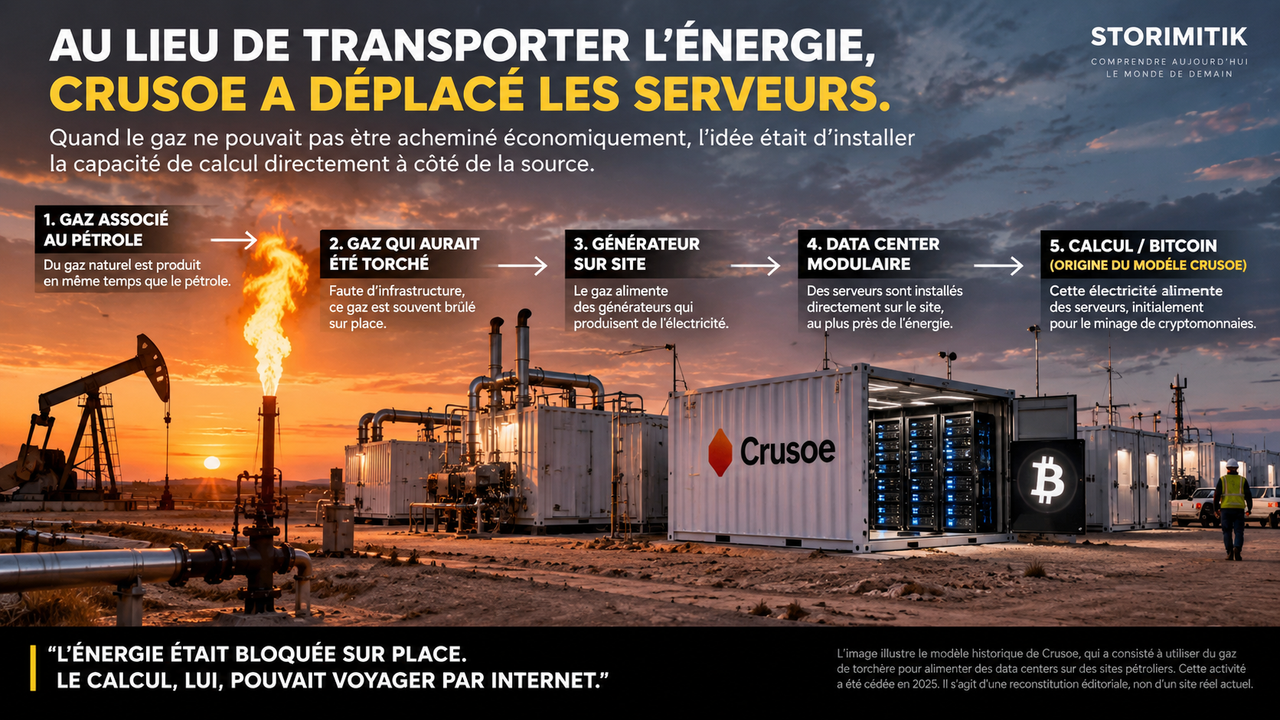 Illustration éditoriale STORIMITIK du modèle historique de Crusoe : gaz associé au pétrole, production d’électricité sur site, data center modulaire et calcul.