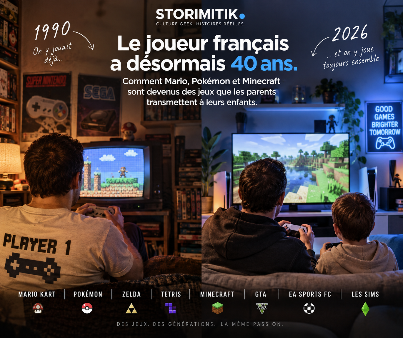 Illustration éditoriale STORIMITIK montrant un parent et un enfant jouant ensemble, entre héritage du jeu vidéo des années 1990 et pratiques contemporaines.