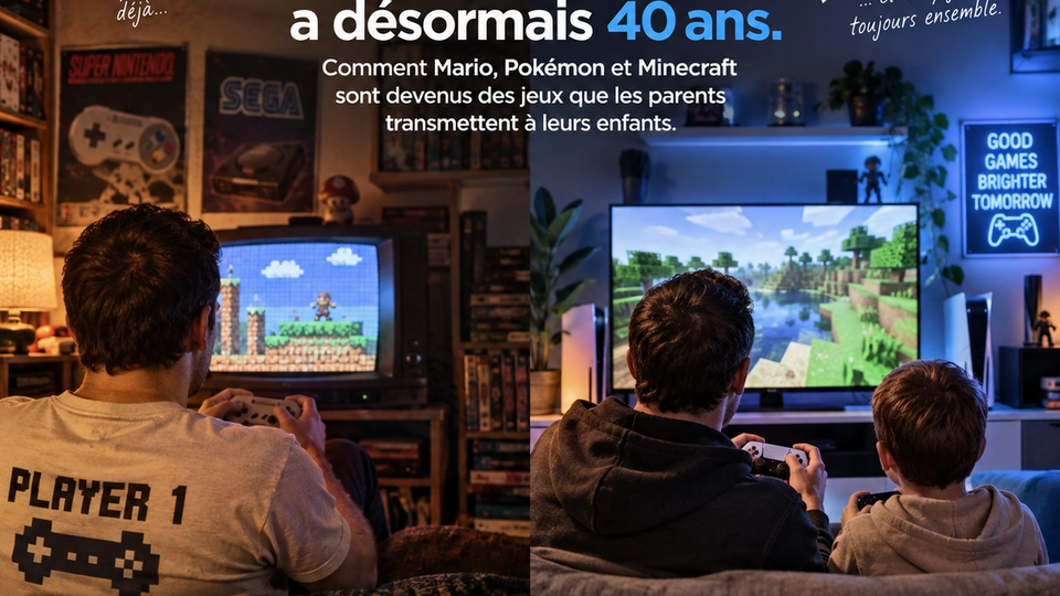 Illustration éditoriale STORIMITIK montrant un parent et un enfant jouant ensemble, entre héritage du jeu vidéo des années 1990 et pratiques contemporaines.
