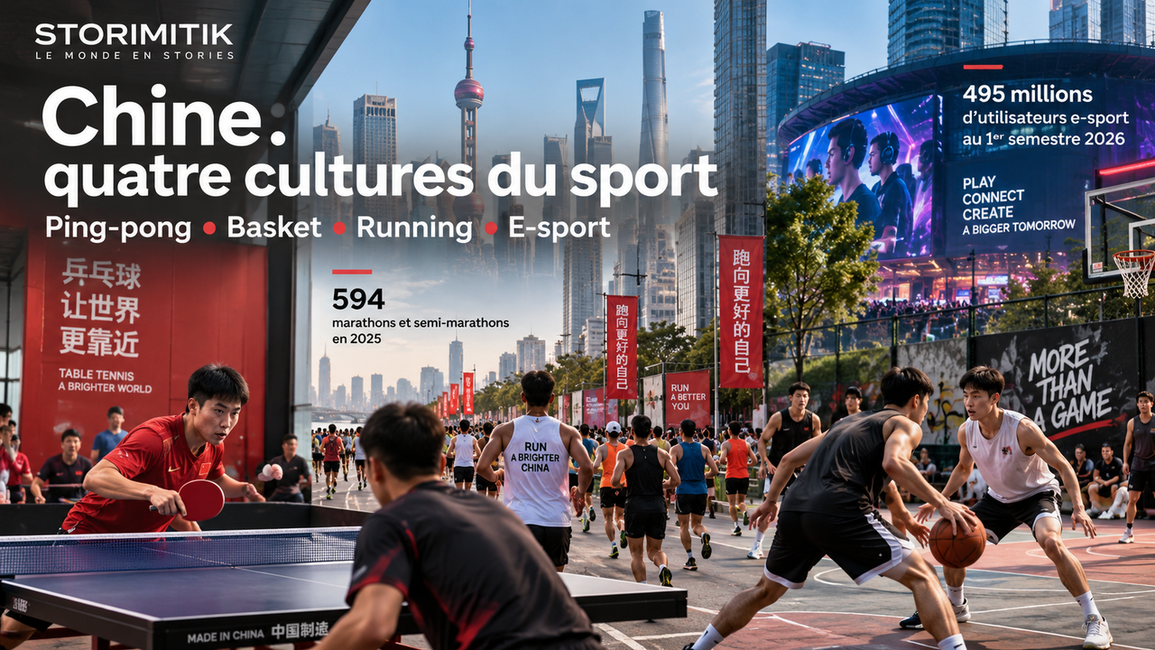 Illustration éditoriale réunissant ping-pong, running, basket et e-sport dans une grande métropole chinoise.