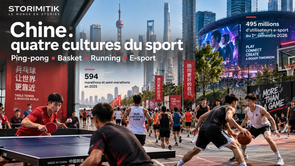 Illustration éditoriale réunissant ping-pong, running, basket et e-sport dans une grande métropole chinoise.