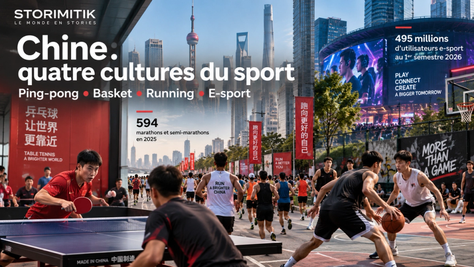 Illustration éditoriale réunissant ping-pong, running, basket et e-sport dans une grande métropole chinoise.