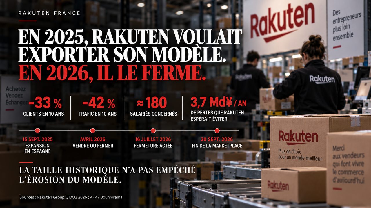 Planche DATA STORIMITIK sur Rakuten France : baisse des clients et du trafic, salariés concernés, pertes annuelles évitées et chronologie de septembre 2025 à septembre 2026.