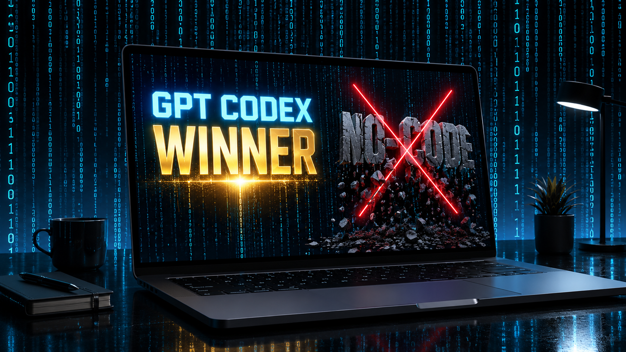 Ordinateur affichant le texte GPT Codex Winner face à une représentation barrée du no-code.