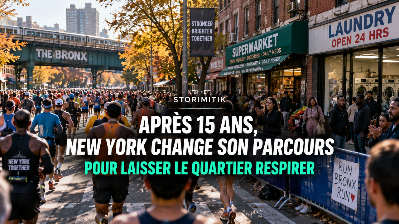 Illustration éditoriale montrant un marathon traversant un quartier du Bronx avec commerces, habitants et spectateurs en bord de parcours.