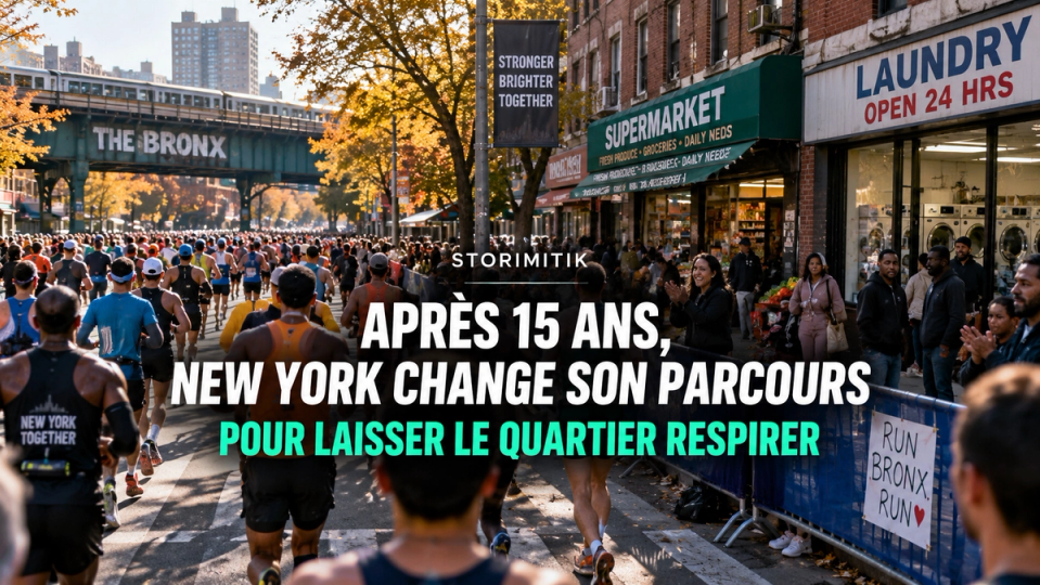 Illustration éditoriale montrant un marathon traversant un quartier du Bronx avec commerces, habitants et spectateurs en bord de parcours.