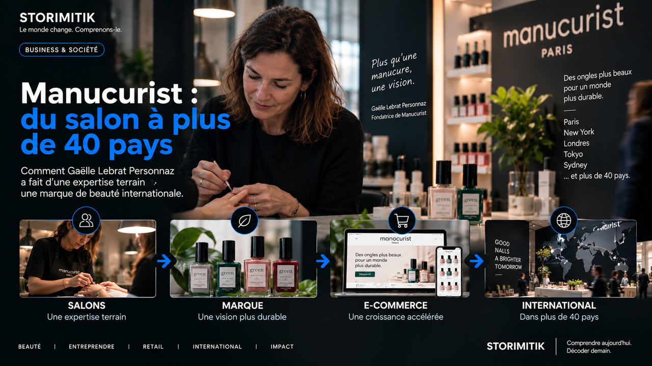 Infographie STORIMITIK montrant le passage de Manucurist des salons à une marque, puis à l’e-commerce et à une présence internationale dans plus de 40 pays.