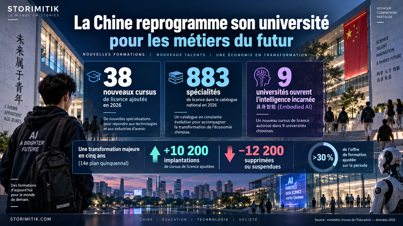 Infographie STORIMITIK résumant les chiffres 2026 de la transformation des cursus universitaires chinois : 38 nouvelles spécialités, 883 au catalogue, 9 universités en intelligence incarnée, 10 200 implantations ajoutées et 12 200 supprimées ou suspendues sur cinq ans.