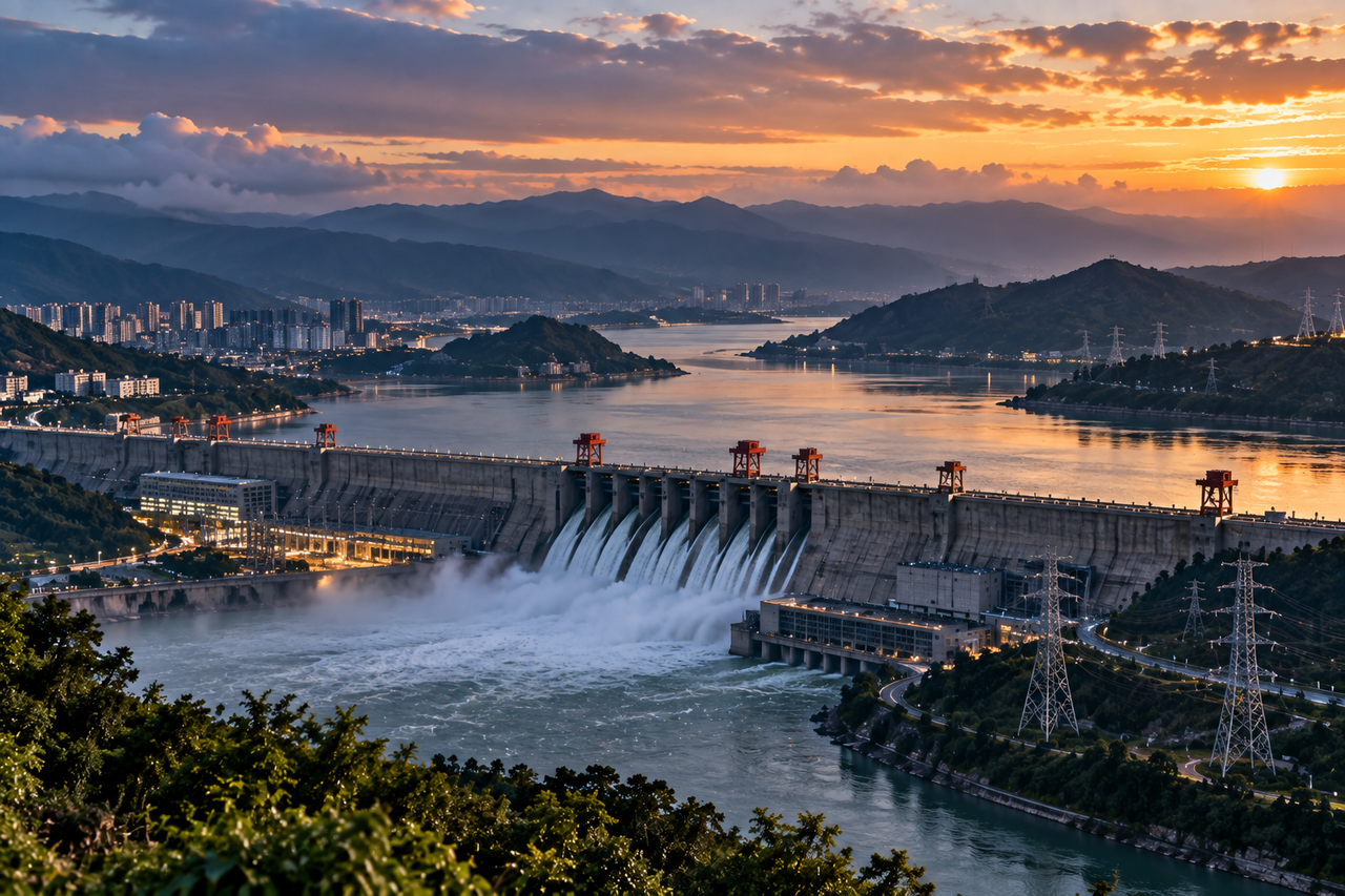 Illustration conceptuelle ultra-réaliste d’un grand complexe hydroélectrique chinois relié au réseau électrique.