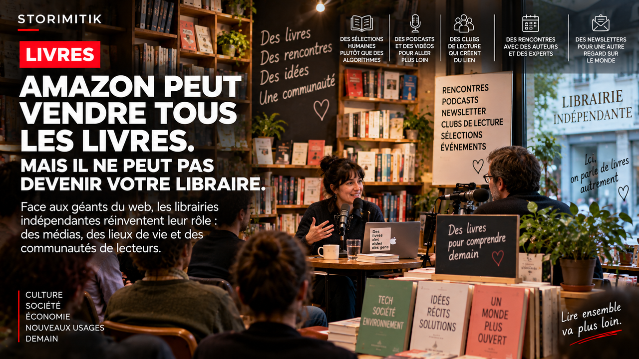 Illustration STORIMITIK d’une librairie indépendante transformée en média local avec podcast, rencontres, newsletter et club de lecture.
