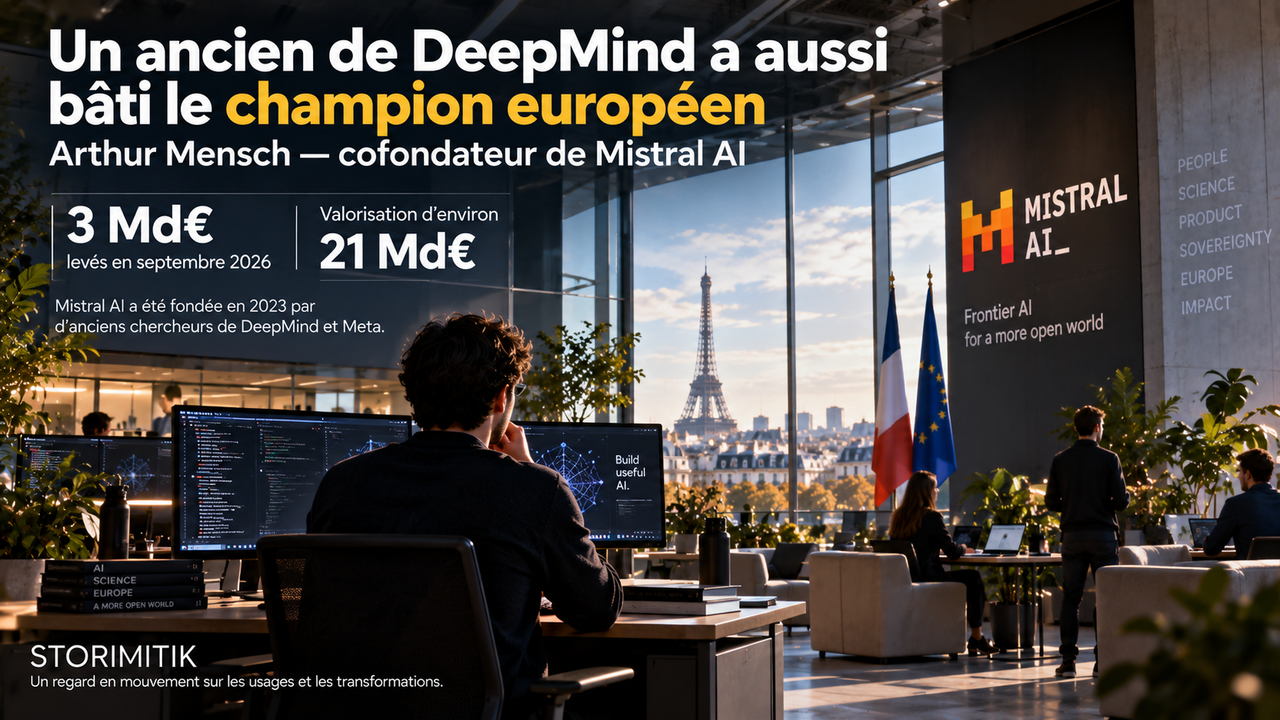 Infographie STORIMITIK sur Arthur Mensch, ancien de DeepMind et cofondateur de Mistral AI, après une levée de 3 milliards d’euros et une valorisation d’environ 21 milliards.