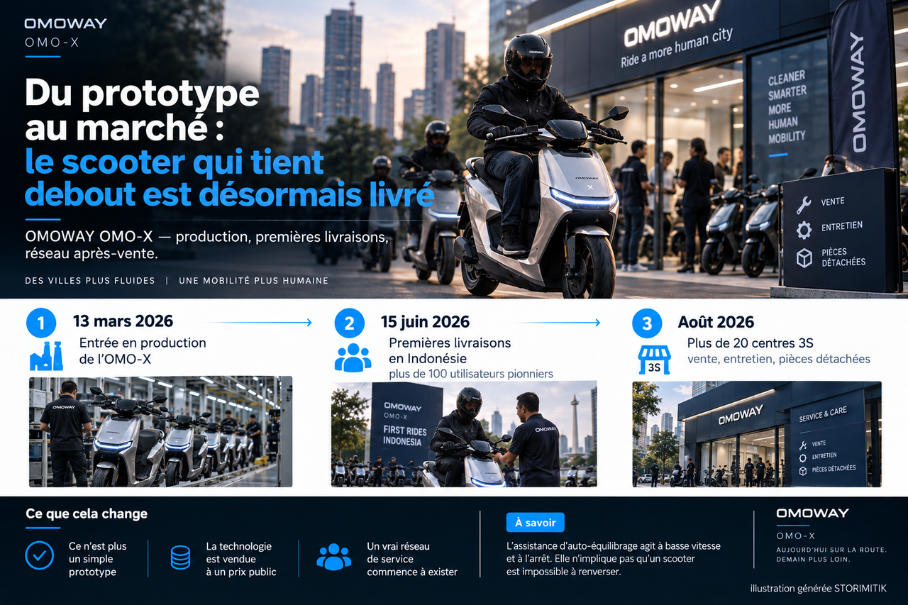 Infographie STORIMITIK montrant le passage de l’OMO-X du prototype au marché : production en mars 2026, premières livraisons en juin et réseau 3S en août.