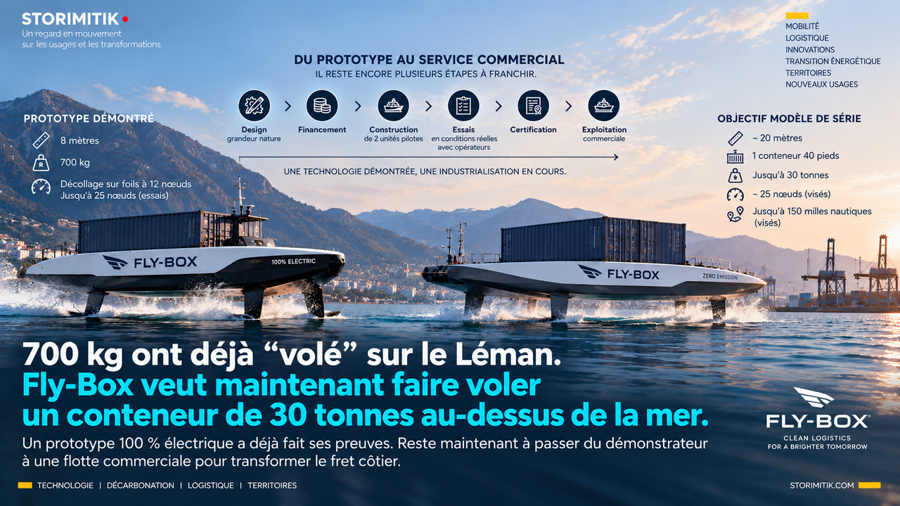 Infographie STORIMITIK montrant les étapes qui séparent le prototype Fly-Box de l’exploitation commerciale : design grandeur nature, financement, deux unités pilotes, essais, certification et exploitation.