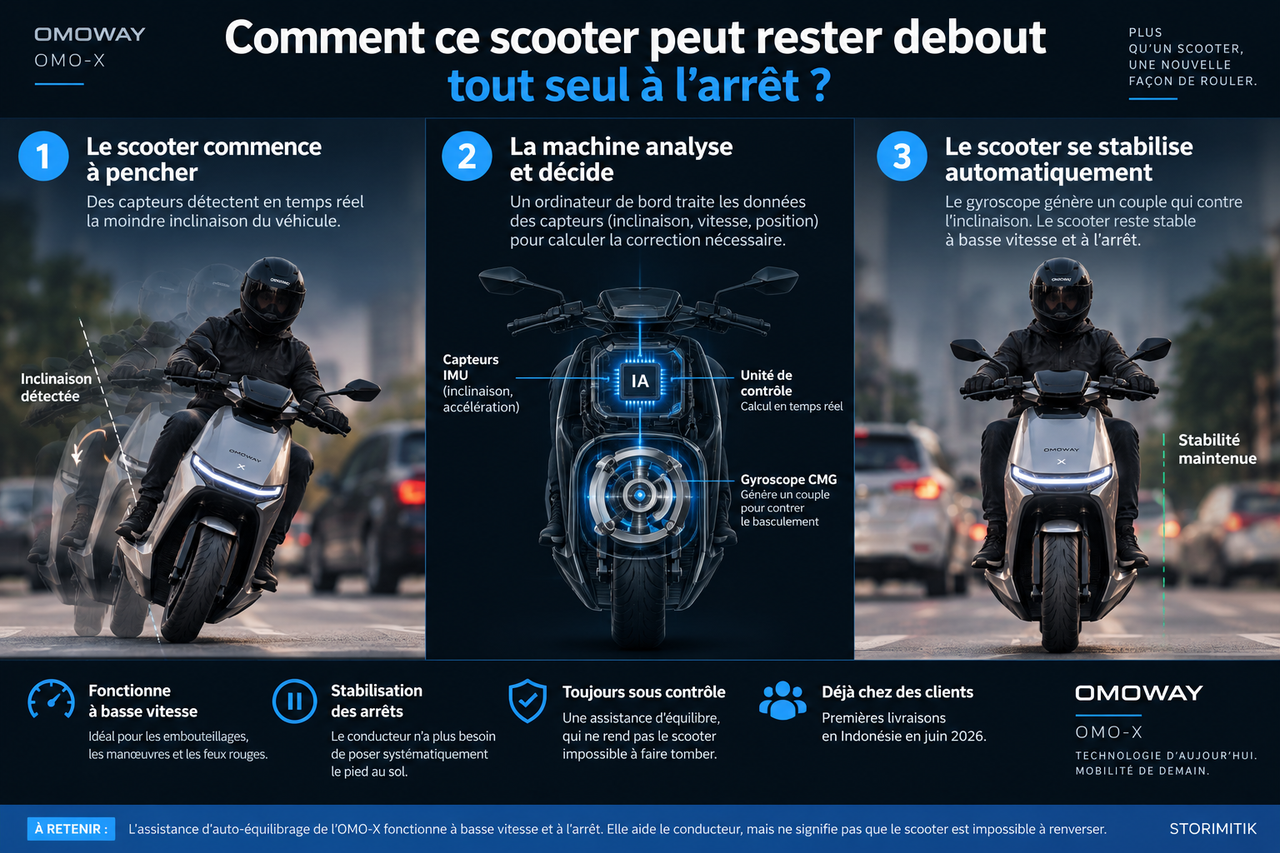 Infographie STORIMITIK expliquant l’auto-équilibrage de l’OMO-X : détection de l’inclinaison, calcul de correction et stabilisation par gyroscope CMG.