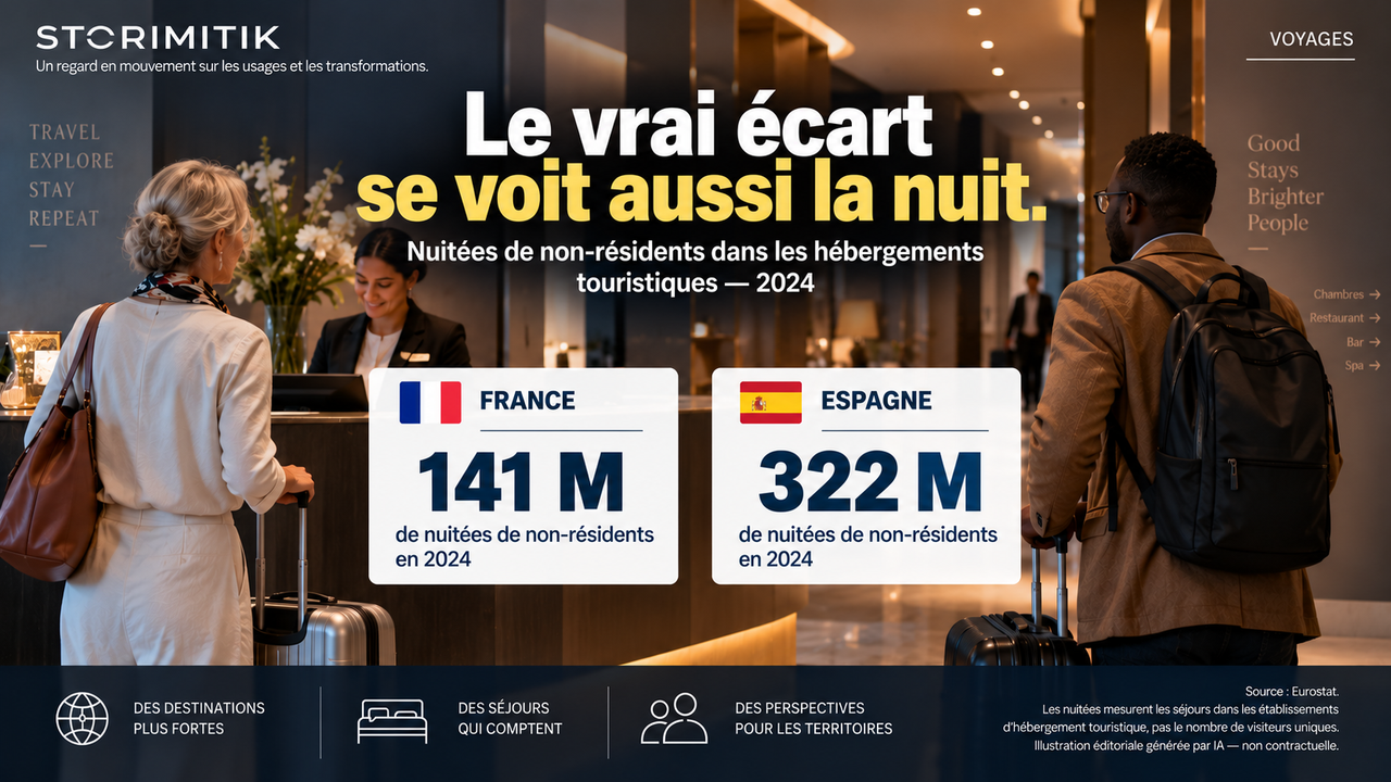 Comparaison éditoriale des nuitées de non-résidents dans les hébergements touristiques en France et en Espagne en 2024.