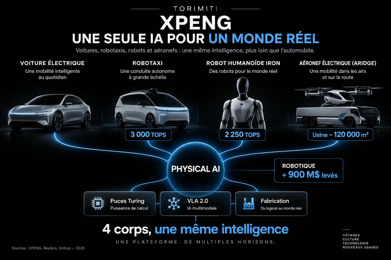 Infographie STORIMITIK montrant les quatre applications de la stratégie Physical AI de XPENG : voiture électrique, Robotaxi, robot humanoïde IRON et aéronef électrique.