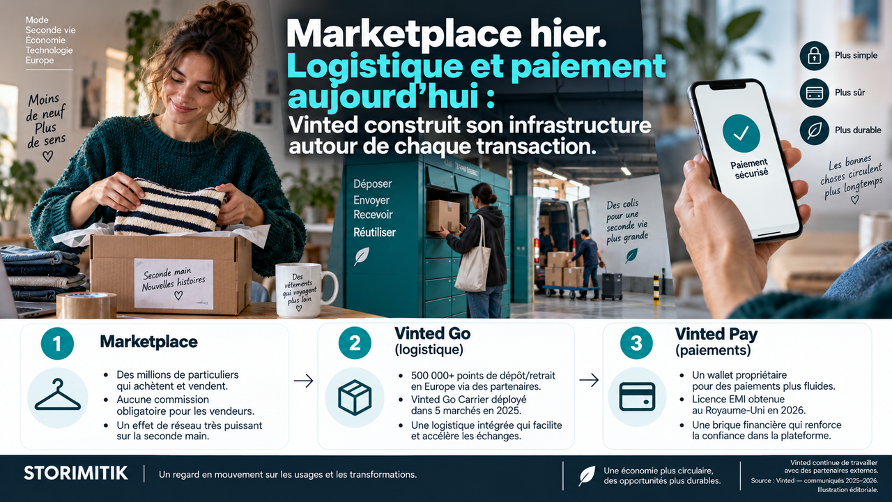Infographie éditoriale montrant l’évolution de Vinted d’une marketplace vers un écosystème intégrant logistique et paiement.