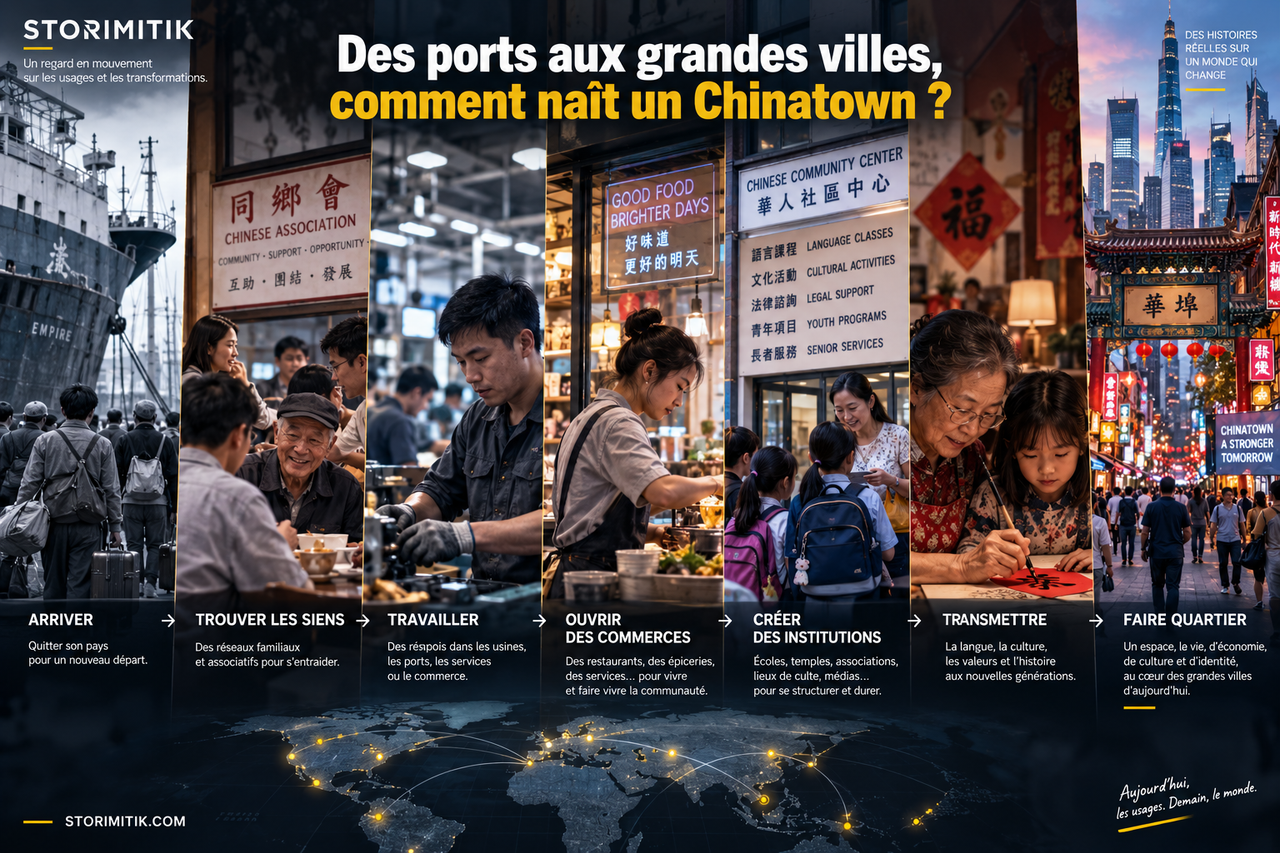 Infographie STORIMITIK montrant un modèle de formation d’un Chinatown, de l’arrivée des migrants à la création de réseaux, commerces, institutions et transmission culturelle.