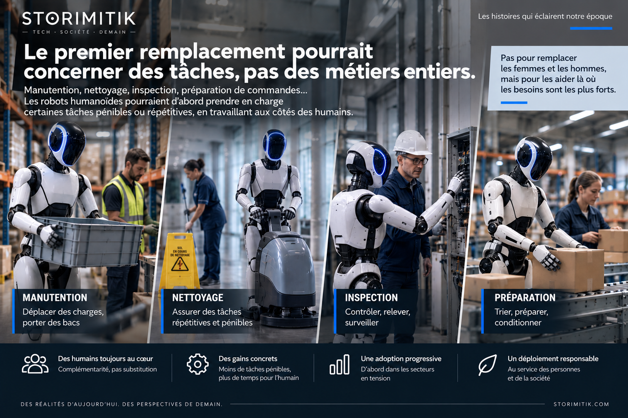 Illustration éditoriale STORIMITIK montrant des robots humanoïdes génériques effectuant des tâches de manutention, nettoyage, inspection et préparation aux côtés d’humains.