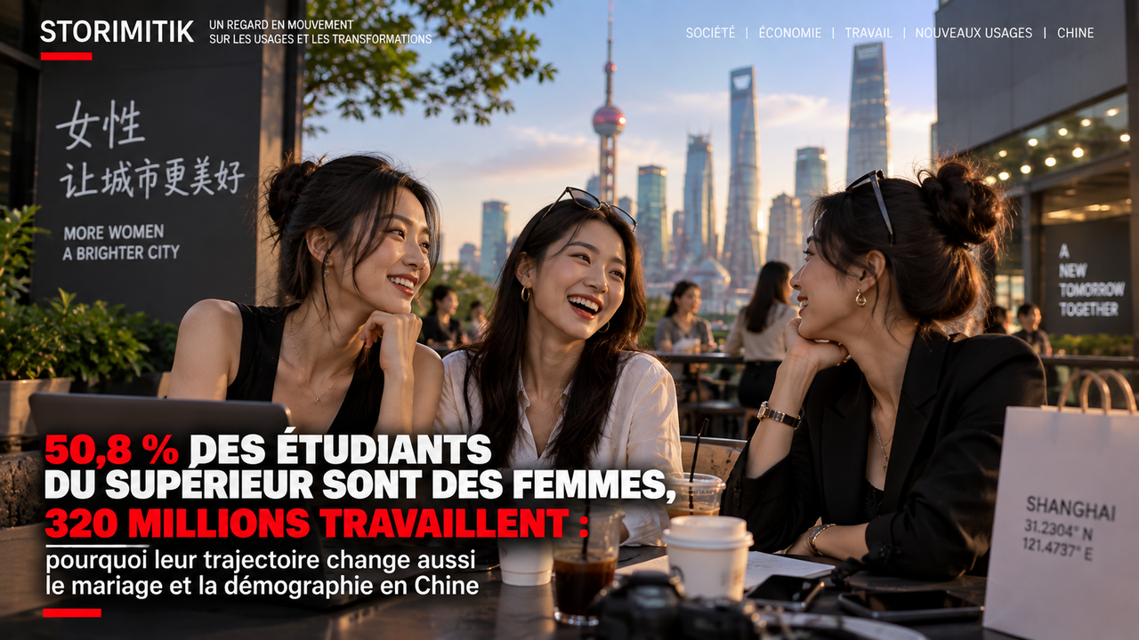 Illustration éditoriale STORIMITIK montrant trois femmes adultes dans un environnement urbain contemporain en Chine, autour d’un ordinateur et d’un espace de travail.