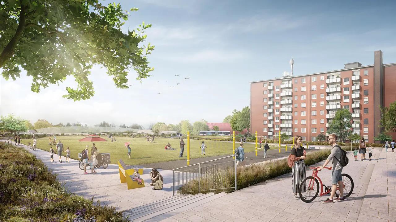 Visualisation aérienne du parc linéaire construit au-dessus de l’A7 à Stellingen.