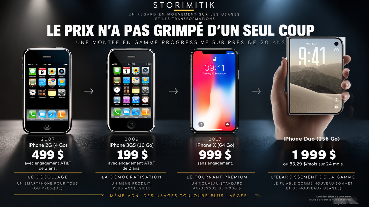 Illustration éditoriale STORIMITIK retraçant l’évolution du plafond tarifaire de l’iPhone entre 2007, 2009, 2017 et 2026.