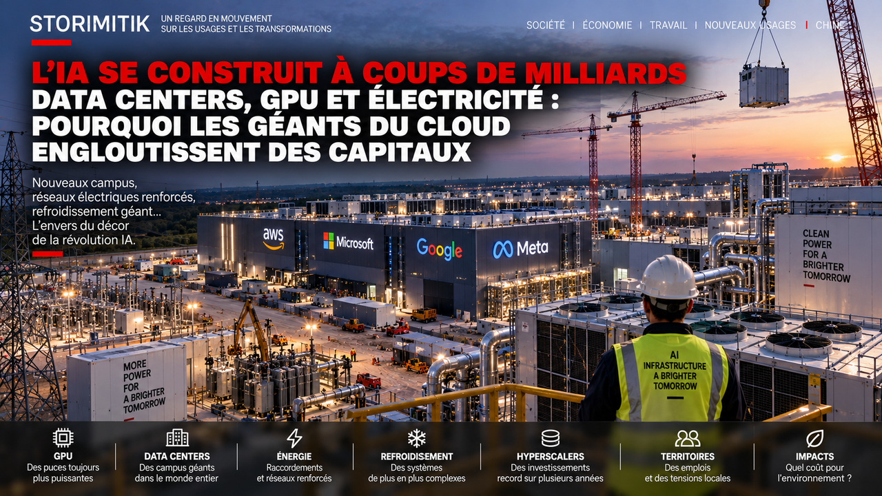 Illustration éditoriale STORIMITIK montrant un vaste chantier de campus de data centers avec infrastructures électriques, refroidissement et construction.