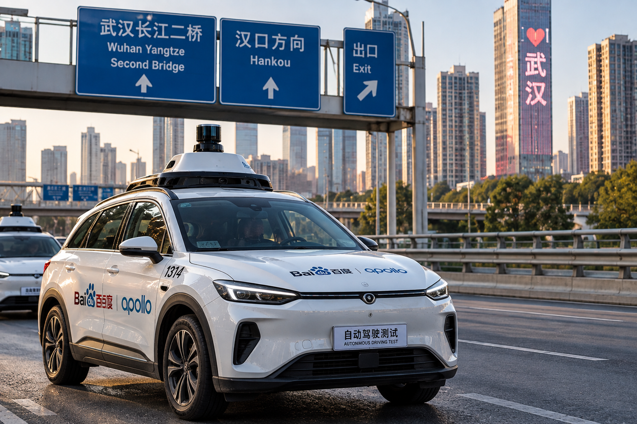 Illustration éditoriale d’un robotaxi Apollo Go circulant normalement à Wuhan après l’incident.