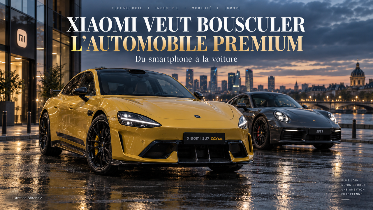 Illustration éditoriale STORIMITIK montrant une Xiaomi SU7 Ultra face à une référence automobile premium européenne.