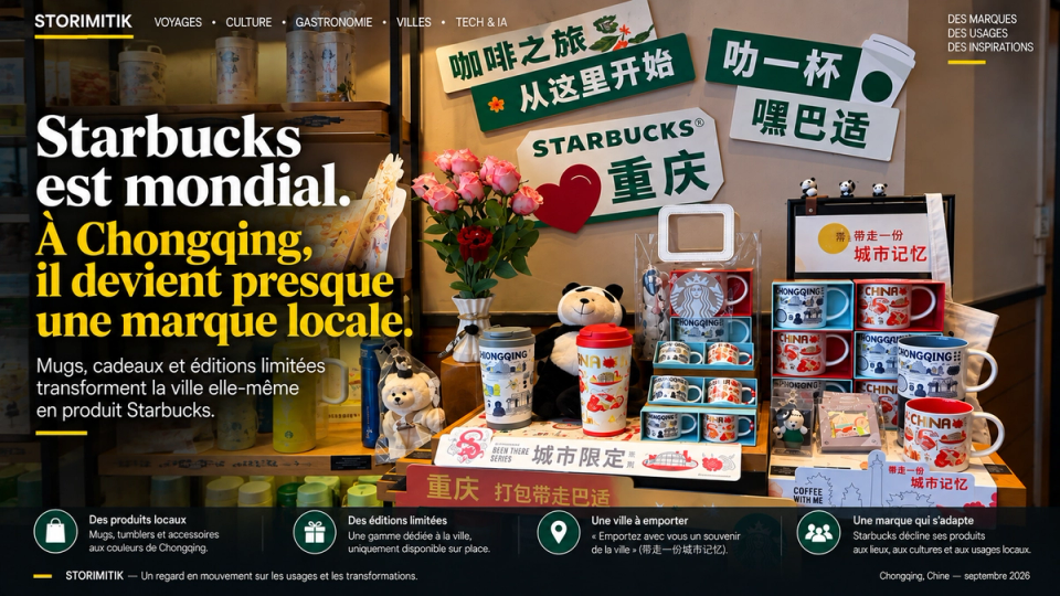 Illustration STORIMITIK à partir d’une photo terrain d’un présentoir Starbucks à Chongqing avec mugs, tumblers et objets aux couleurs de la ville.