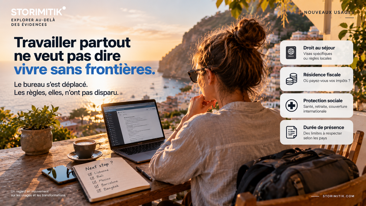 Digital nomade travaillant face à la mer avec encadrés sur le droit au séjour, la résidence fiscale, la protection sociale et la durée de présence.