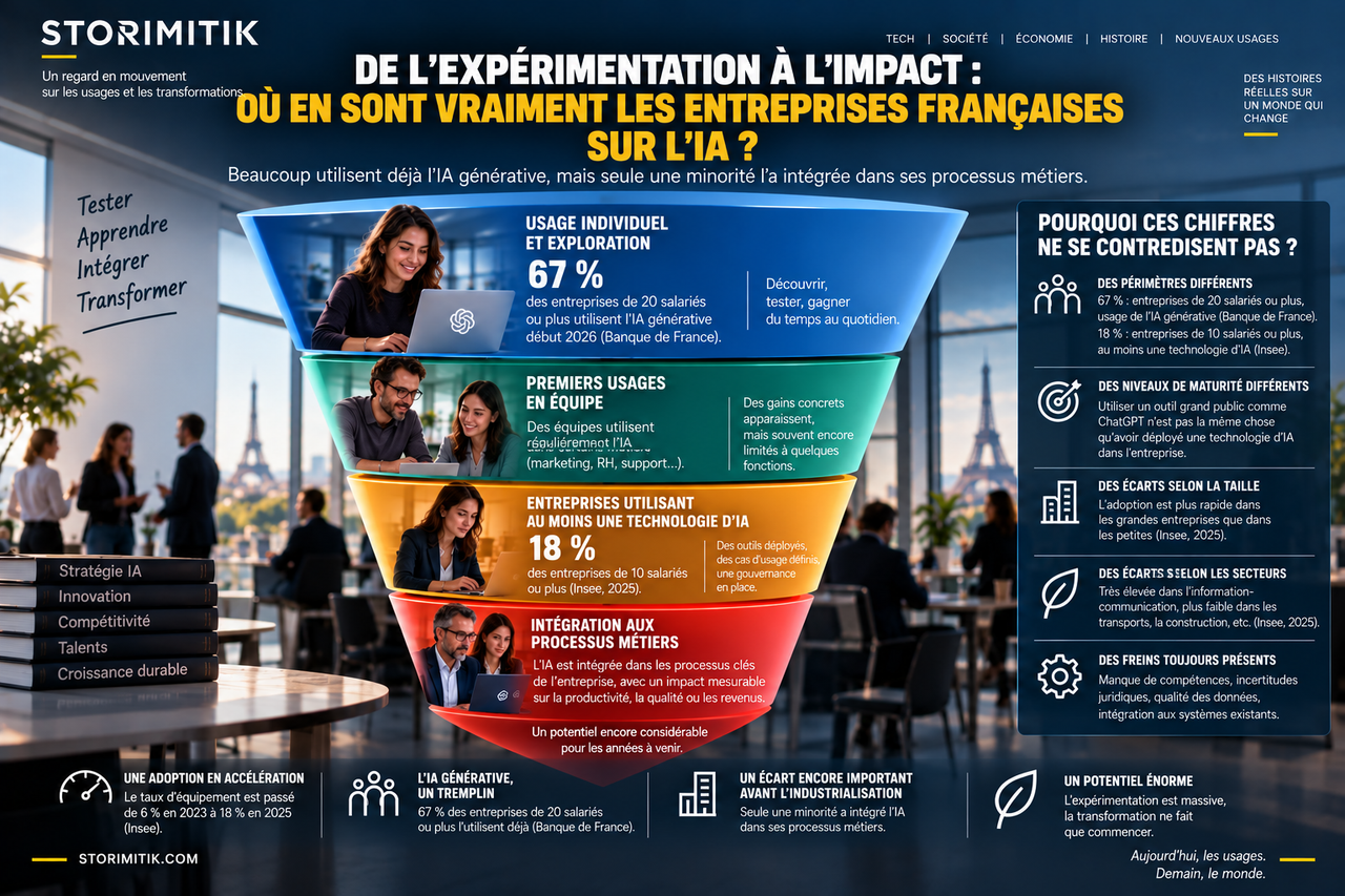 Entonnoir éditorial STORIMITIK distinguant usage de l’IA générative, premiers usages en équipe, utilisation d’une technologie d’IA par l’entreprise et intégration aux processus métiers.