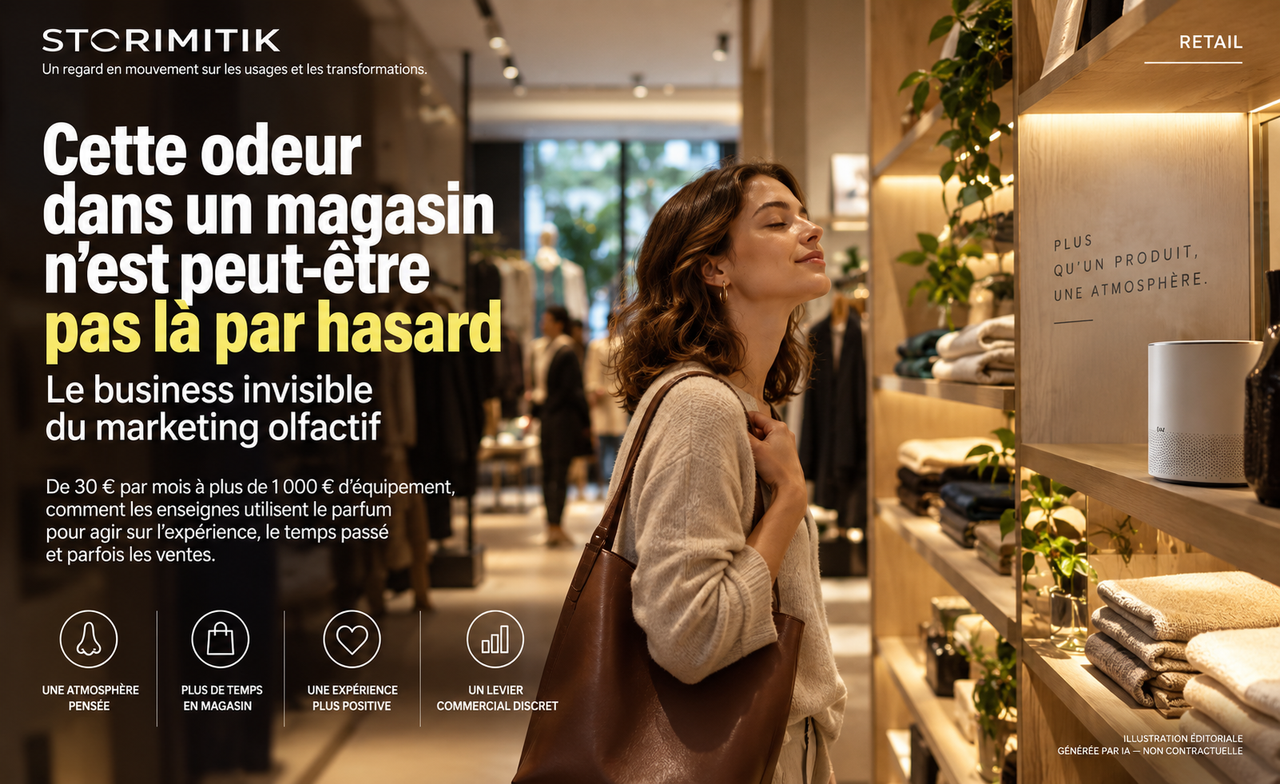 Illustration éditoriale d’une cliente dans une boutique équipée d’un diffuseur olfactif discret.